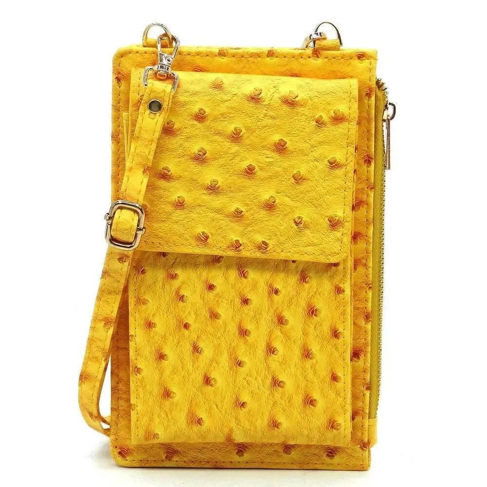 Mustard Ostrich Cell Phone Holder Purse Handbag with Detachable Shoulder Strap